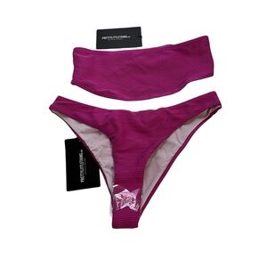 PrettyLittleThing Pink Ribbed Bikini Set High Cut Bottom Womens US 4